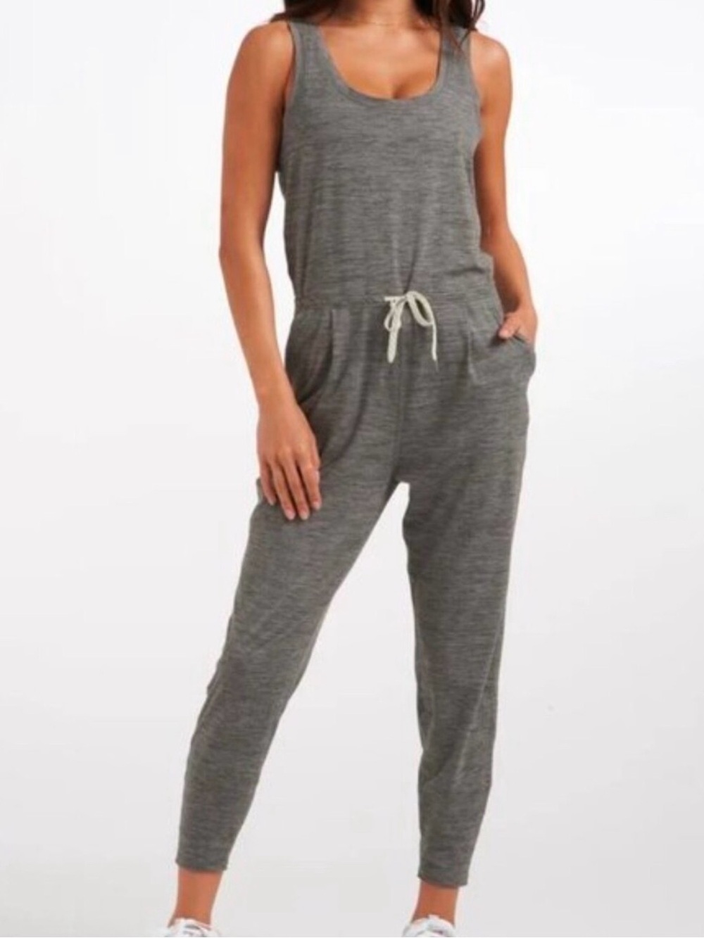 Vuori Heather Gray Sleeveless Tank Jumpsuit with Drawstring